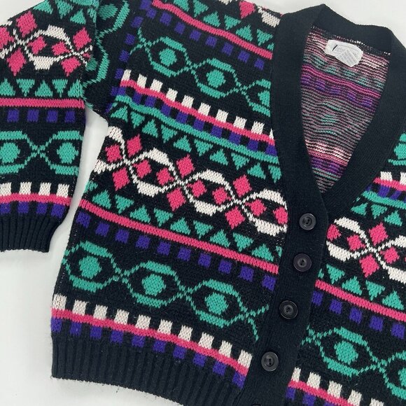 Cardigan Sweater Colorful Geometric Acrylic V Neck Button Up 80s 90s Size Medium - Picture 1 of 9